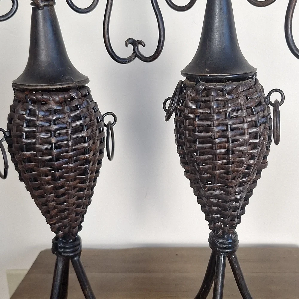 Wrought Iron And Brown Wicker Candle Holders Set Of 2